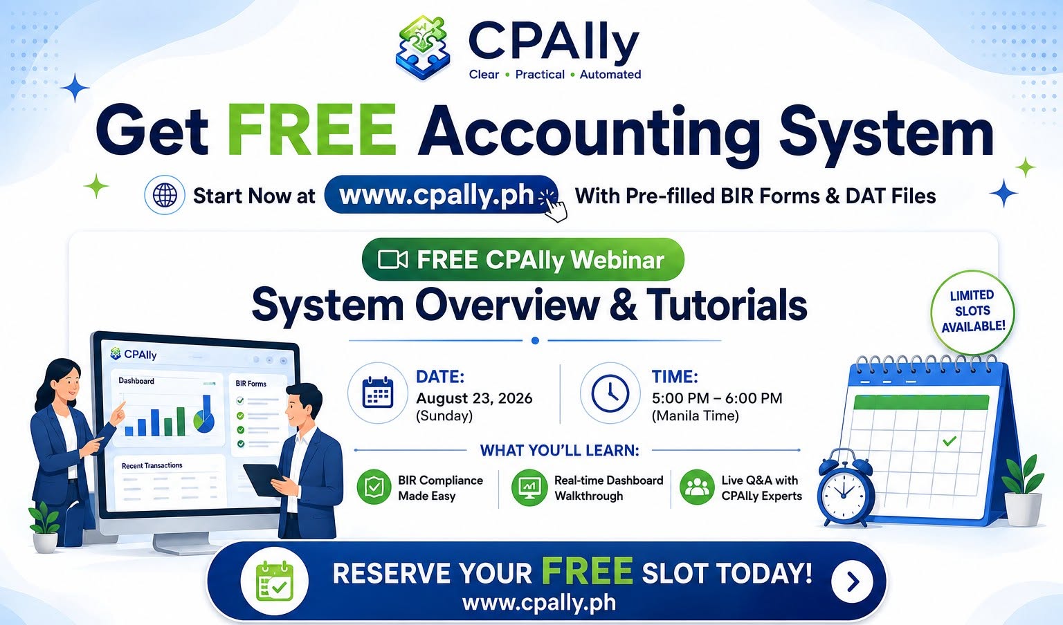 CPAlly free webinar poster — System Overview & Tutorials, August 23, 2026 (Sunday), 5:00 PM to 6:00 PM Manila time.